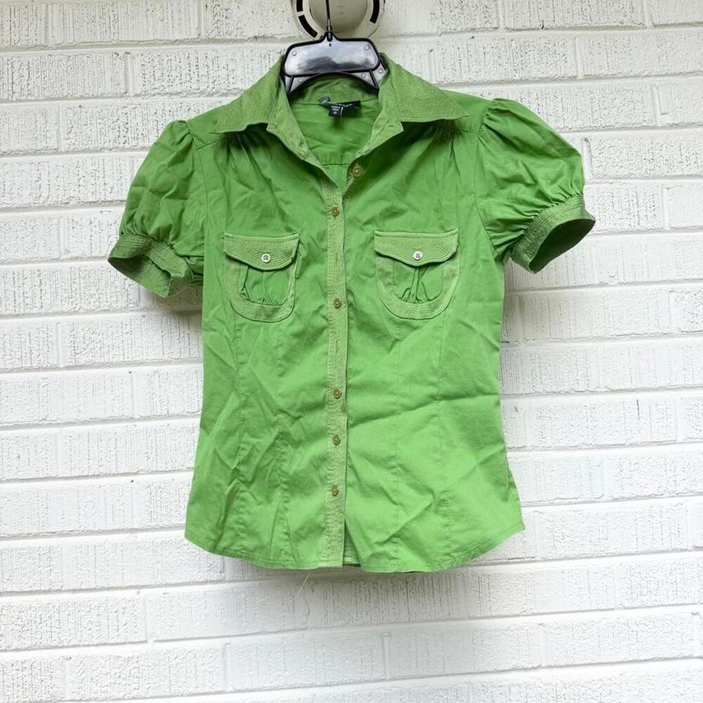 Vintage Y2K Bebe Lime Green Puff Sleeve Button-Up Blouse
